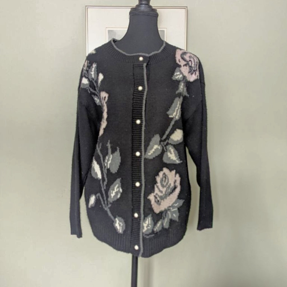 VTG 80s H.E.R. Floral Knit Cardigan Black & Pink Rose Statement Sweater M